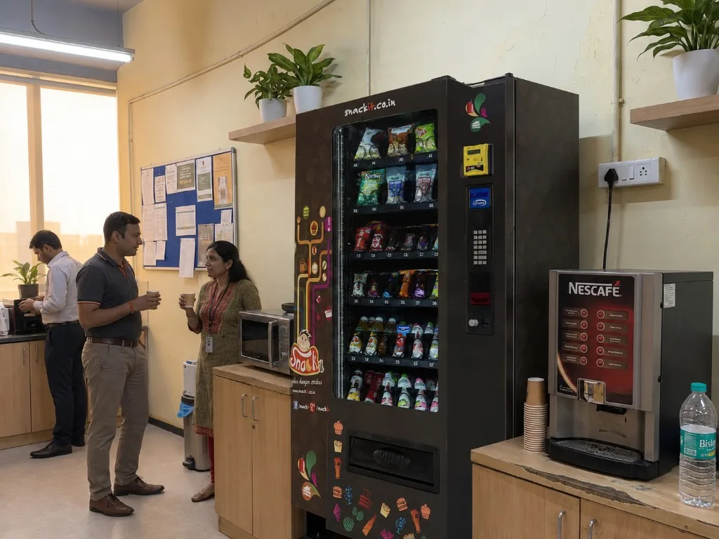 Colleagues enjoying snacks and coffee beside a Snackit vending machine in a modern office breakroom