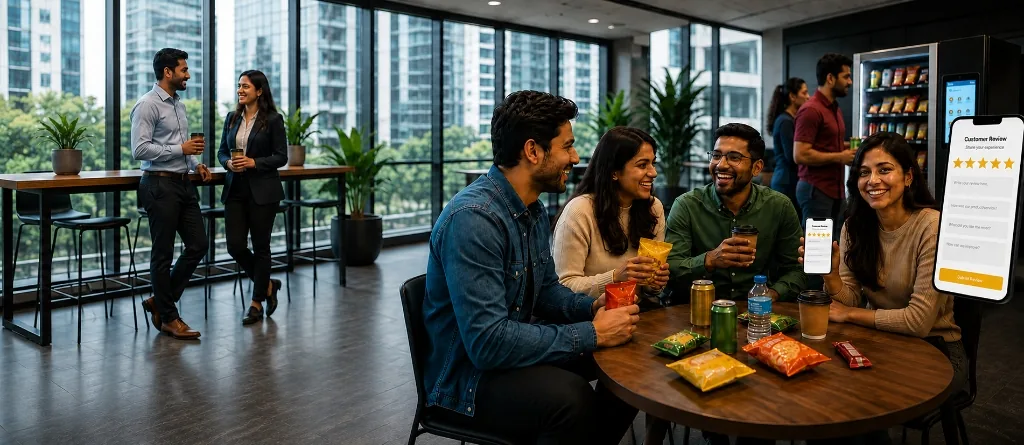 Office team enjoying snacks together at work with Snackit vending