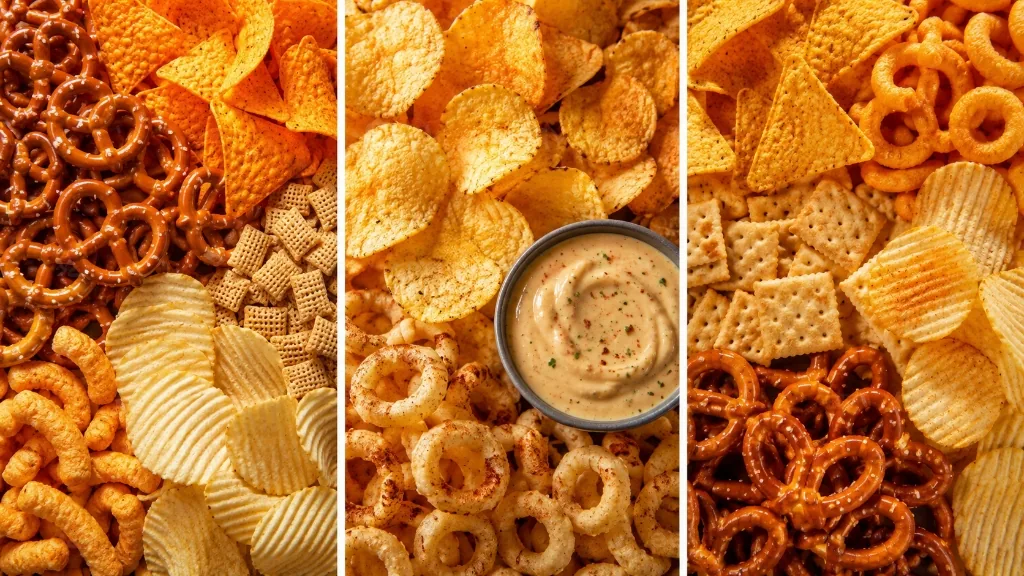 Assorted crunchy savoury snacks, chips, pretzels and nachos