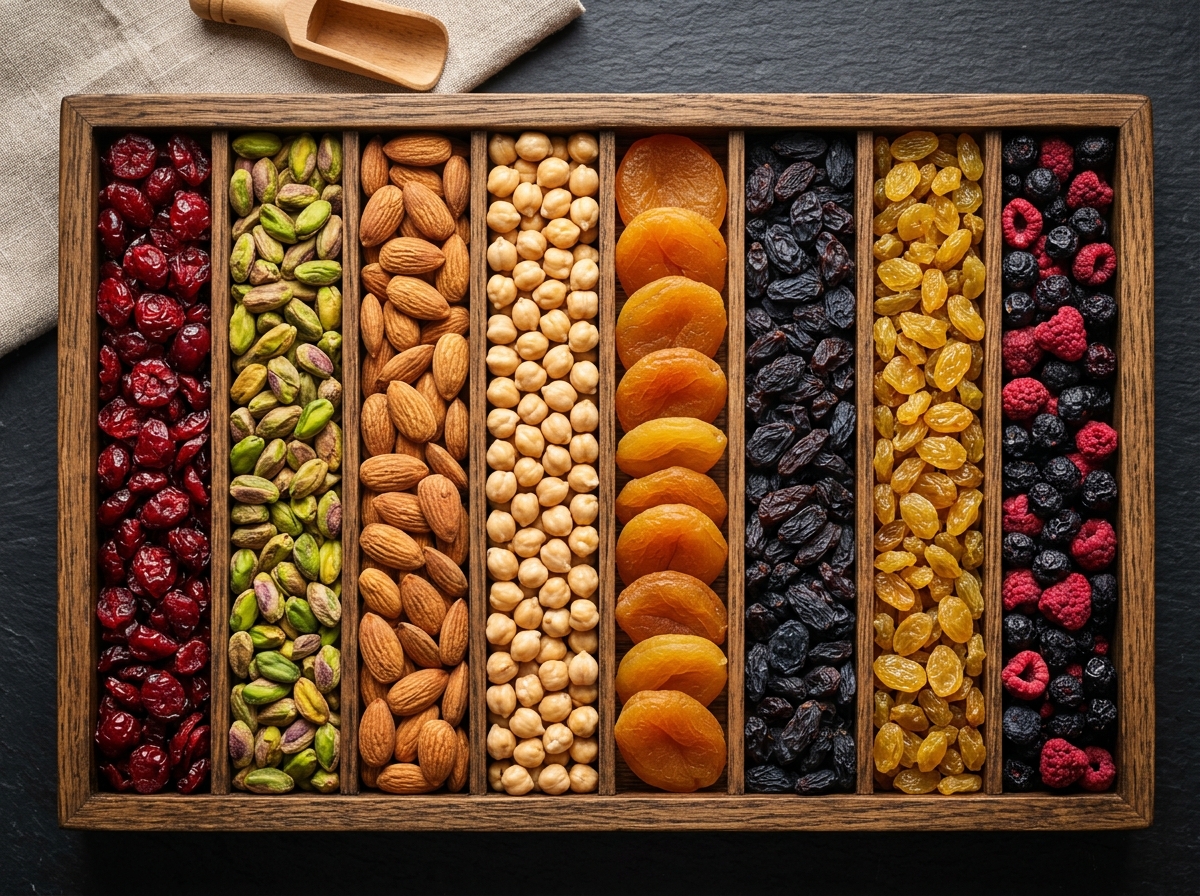 Assorted fruit medley, dried fruits, nuts and berries