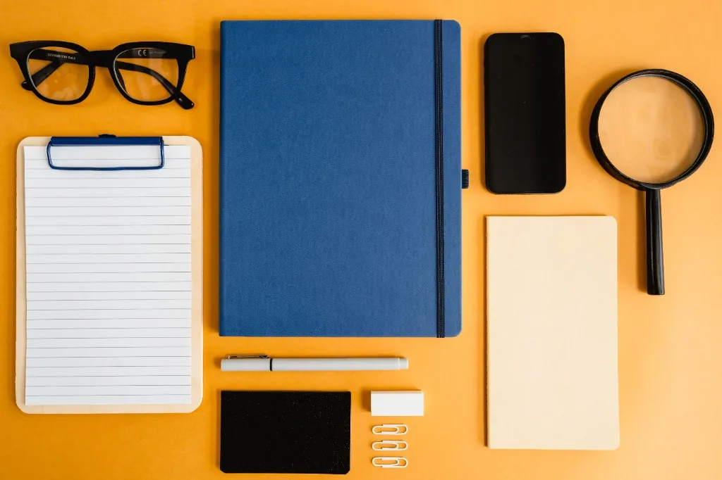 Notebook, pens and office stationery