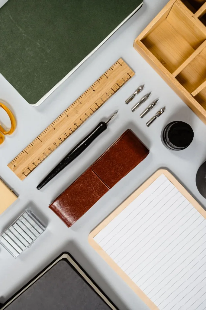 Notebook, pens and office stationery